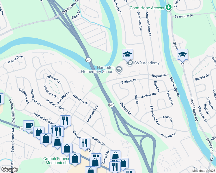 map of restaurants, bars, coffee shops, grocery stores, and more near 5605 Barbara Drive in Mechanicsburg