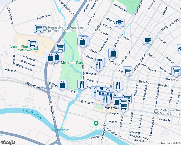 map of restaurants, bars, coffee shops, grocery stores, and more near 33 Beech Street in Pottstown