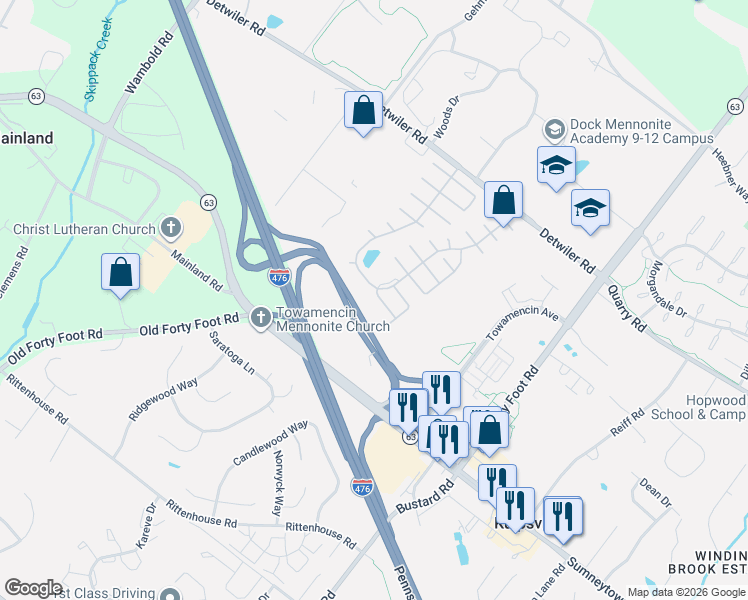 map of restaurants, bars, coffee shops, grocery stores, and more near 40 Greenbriar Court in Harleysville