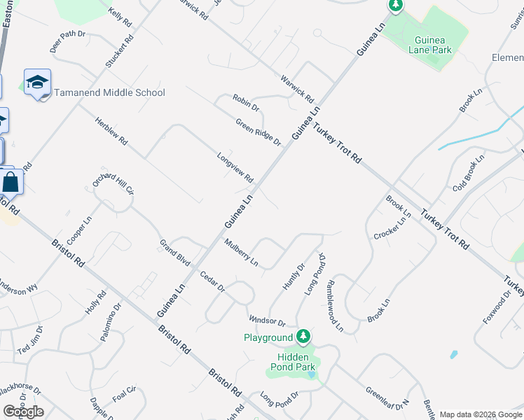 map of restaurants, bars, coffee shops, grocery stores, and more near 1653 Guinea Lane in Warrington