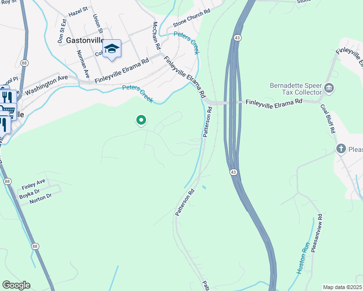 map of restaurants, bars, coffee shops, grocery stores, and more near 16 Fawcett Lane in Finleyville