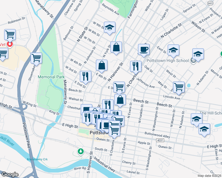 map of restaurants, bars, coffee shops, grocery stores, and more near 237 Beech Street in Pottstown