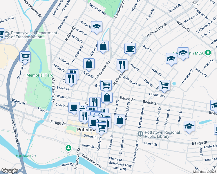 map of restaurants, bars, coffee shops, grocery stores, and more near 231 N Charlotte St in Pottstown