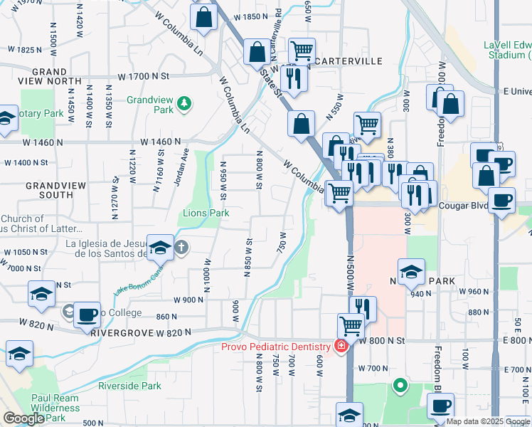 map of restaurants, bars, coffee shops, grocery stores, and more near 780 West 1200 North in Provo