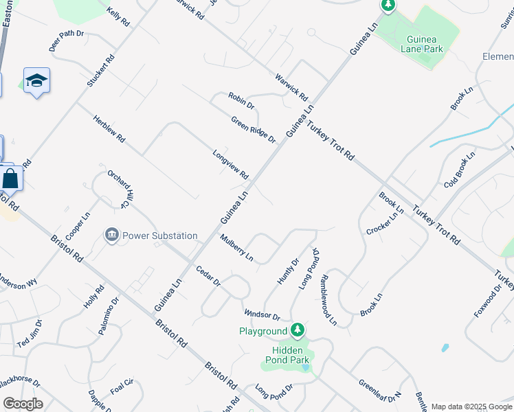 map of restaurants, bars, coffee shops, grocery stores, and more near 1653 Guinea Lane in Warrington