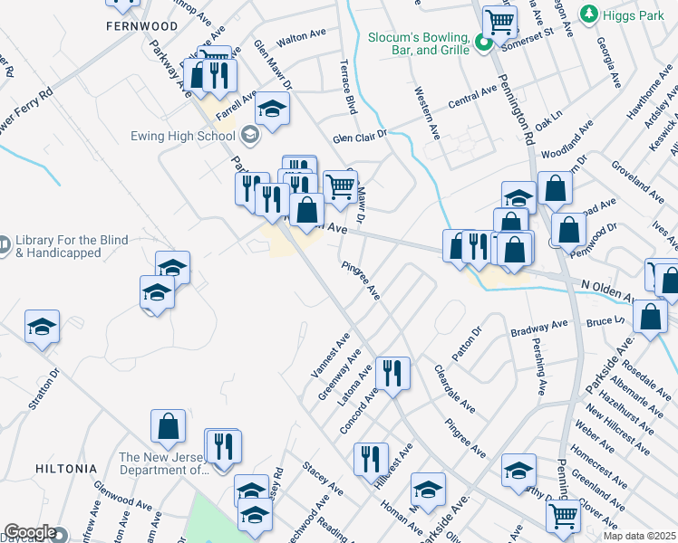 map of restaurants, bars, coffee shops, grocery stores, and more near 720 County Route 634 in Ewing Township