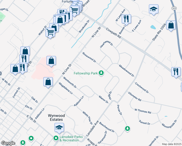 map of restaurants, bars, coffee shops, grocery stores, and more near 111 Manor Drive in Lansdale