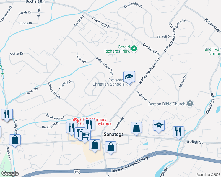 map of restaurants, bars, coffee shops, grocery stores, and more near 629 Sanatoga Village Drive in Pottstown