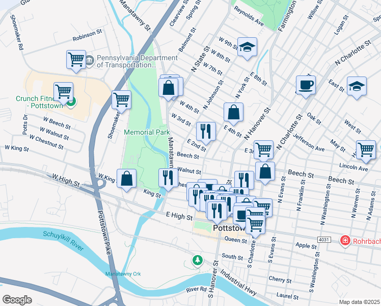 map of restaurants, bars, coffee shops, grocery stores, and more near 169 North York Street in Pottstown