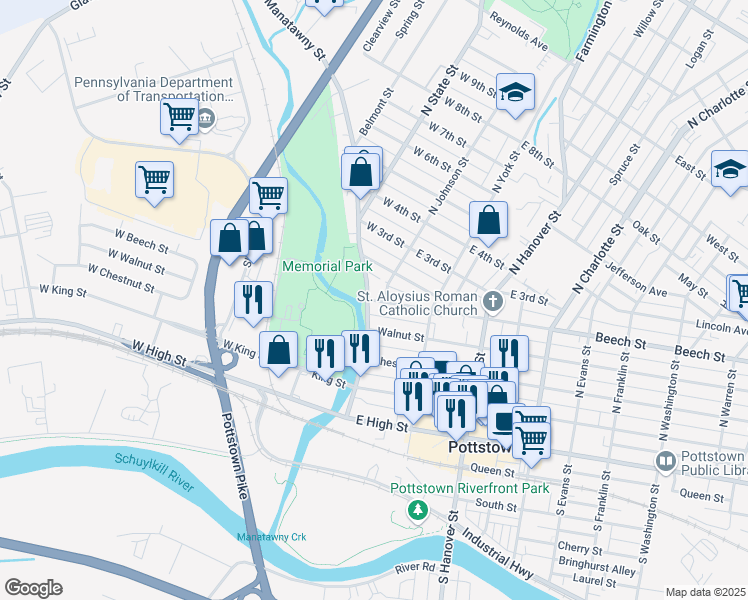 map of restaurants, bars, coffee shops, grocery stores, and more near 11 Walnut Street in Pottstown