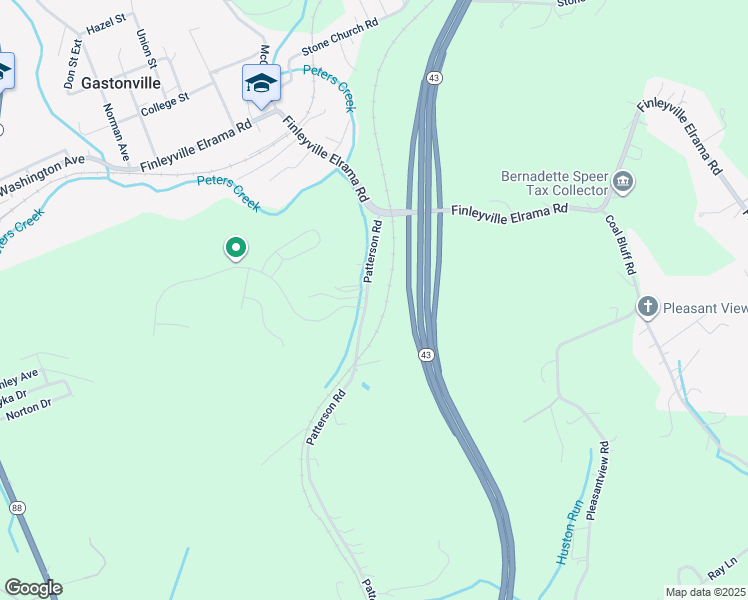 map of restaurants, bars, coffee shops, grocery stores, and more near 366 Patterson Road in Finleyville