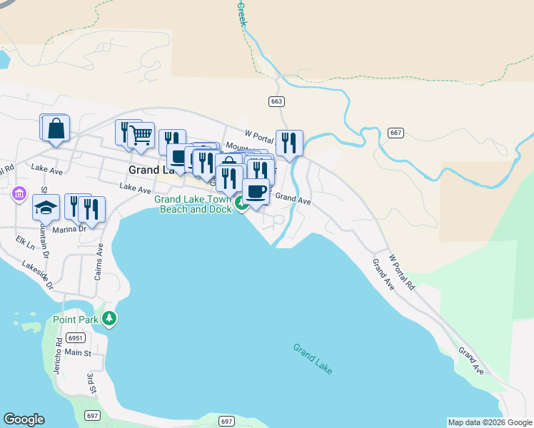 map of restaurants, bars, coffee shops, grocery stores, and more near 1224 Lake Avenue in Grand Lake