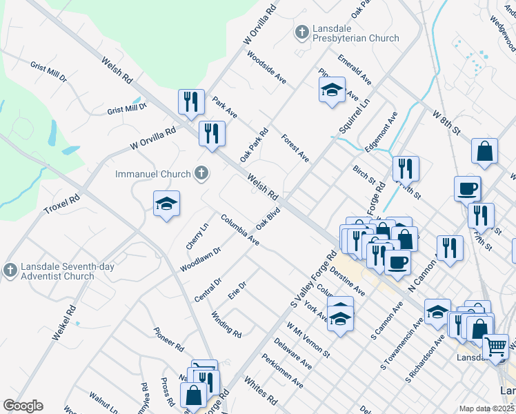 map of restaurants, bars, coffee shops, grocery stores, and more near 1158 Welsh Road in Lansdale