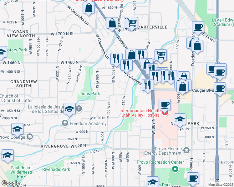 map of restaurants, bars, coffee shops, grocery stores, and more near 778 West 1200 North in Provo