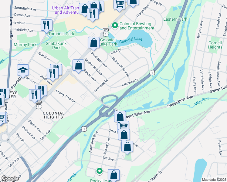 map of restaurants, bars, coffee shops, grocery stores, and more near 108 Glenview Drive in Lawrence Township