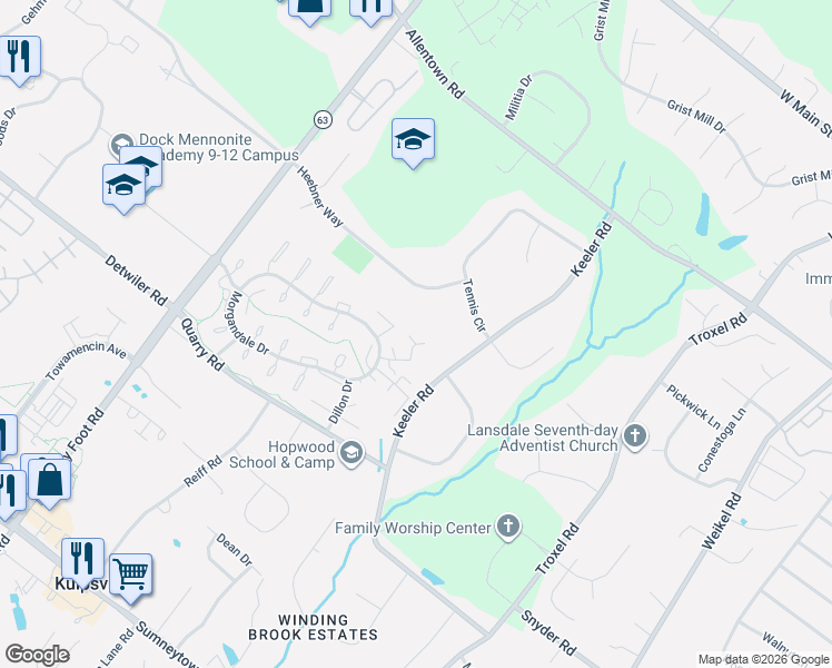 map of restaurants, bars, coffee shops, grocery stores, and more near 1714 Crowther Court in Lansdale