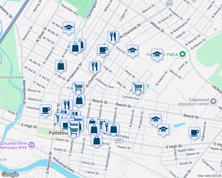 map of restaurants, bars, coffee shops, grocery stores, and more near 434 Lincoln Avenue in Pottstown