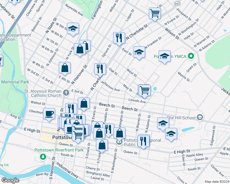 map of restaurants, bars, coffee shops, grocery stores, and more near 408 Jefferson Avenue in Pottstown