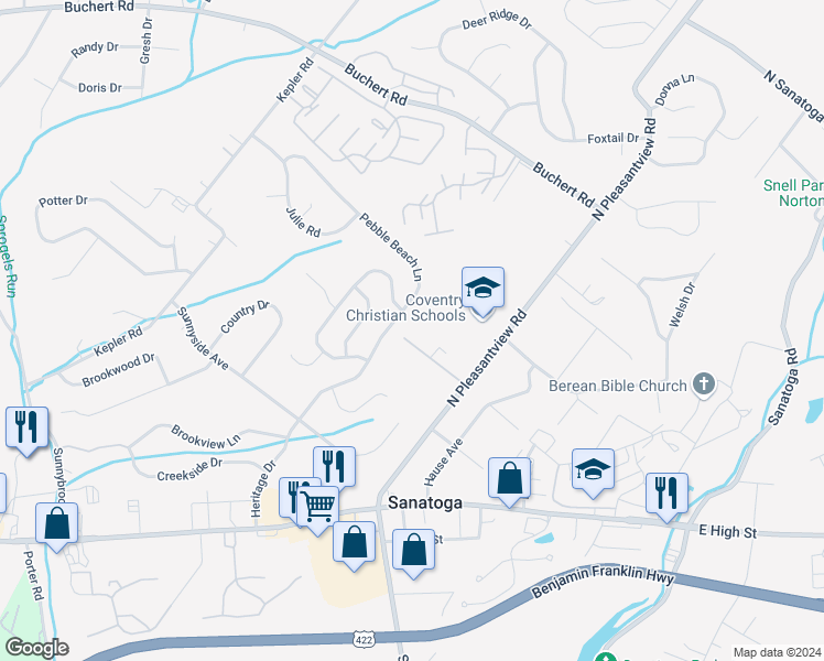 map of restaurants, bars, coffee shops, grocery stores, and more near 629 Sanatoga Village Drive in Pottstown