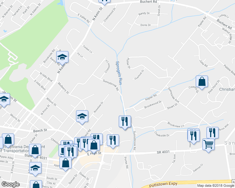 map of restaurants, bars, coffee shops, grocery stores, and more near 388 Sunnybrook Road in Pottstown