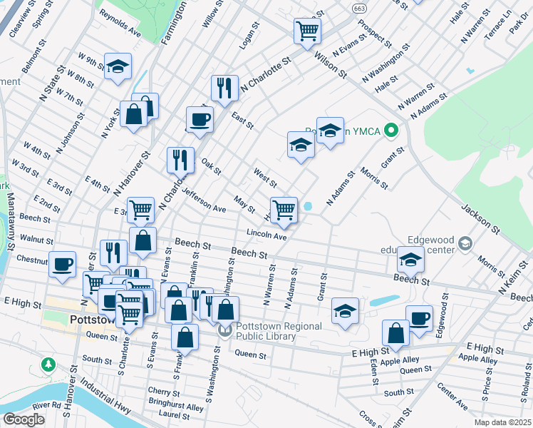 map of restaurants, bars, coffee shops, grocery stores, and more near 539 May Street in Pottstown