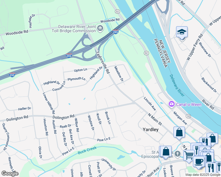 map of restaurants, bars, coffee shops, grocery stores, and more near 22 Prospect Drive in Yardley