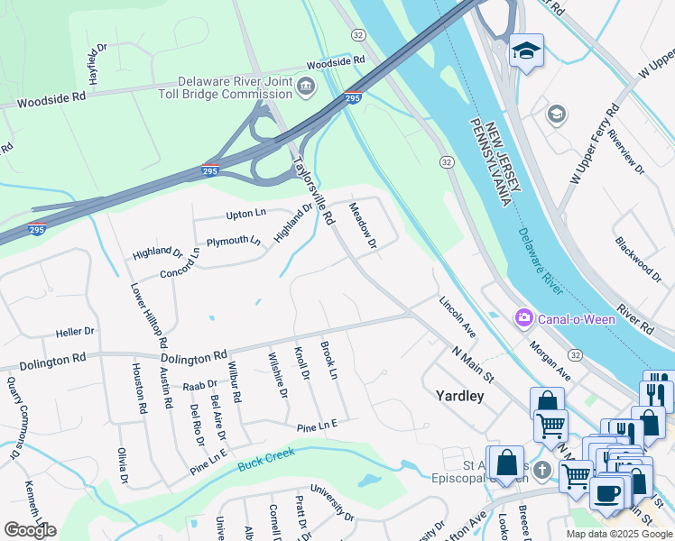 map of restaurants, bars, coffee shops, grocery stores, and more near 22 Prospect Drive in Yardley