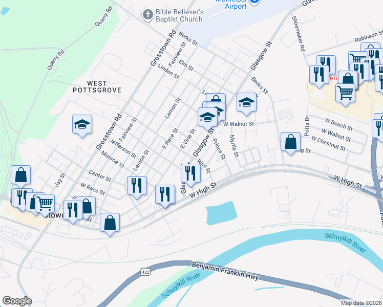 map of restaurants, bars, coffee shops, grocery stores, and more near 320 Glasgow Street in Stowe