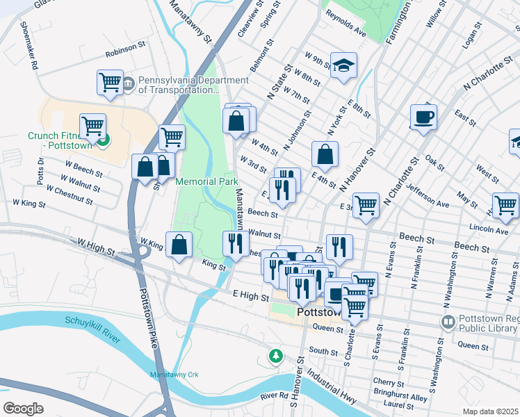 map of restaurants, bars, coffee shops, grocery stores, and more near 33 Beech Street in Pottstown