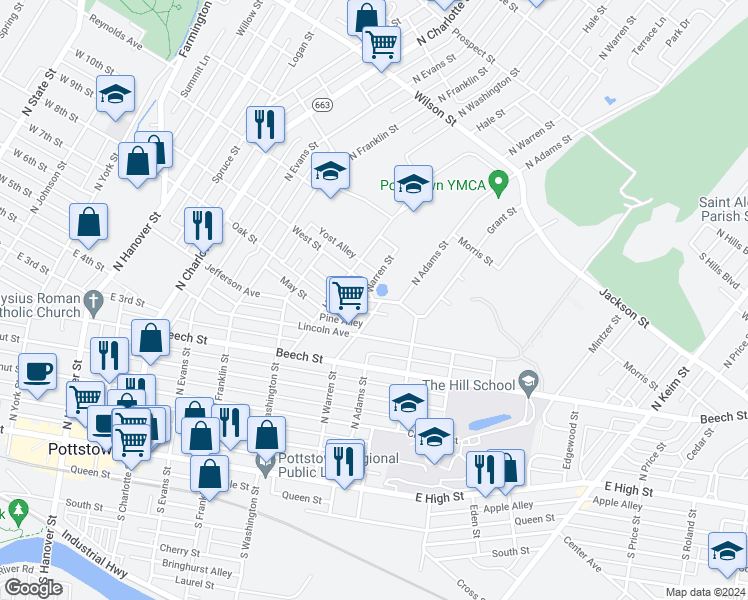 map of restaurants, bars, coffee shops, grocery stores, and more near 400 Warren Street in Pottstown