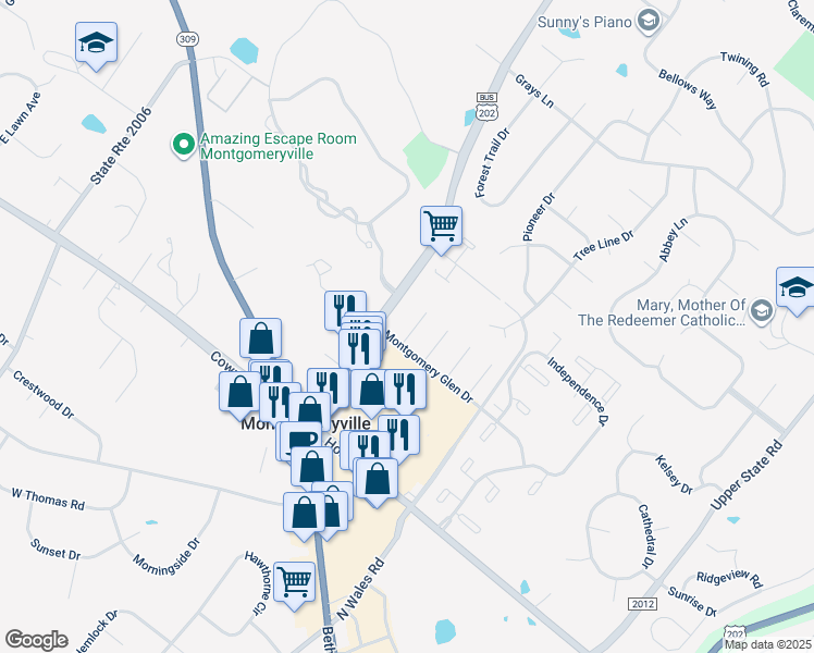 map of restaurants, bars, coffee shops, grocery stores, and more near 107 Ashley Circle in Lansdale
