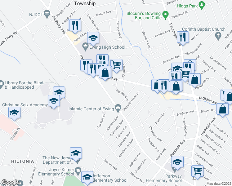 map of restaurants, bars, coffee shops, grocery stores, and more near 526 Pingree Avenue in Ewing Township