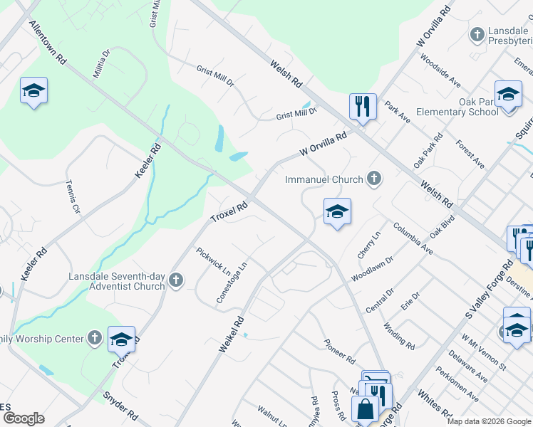 map of restaurants, bars, coffee shops, grocery stores, and more near 489 West Orvilla Road in Lansdale