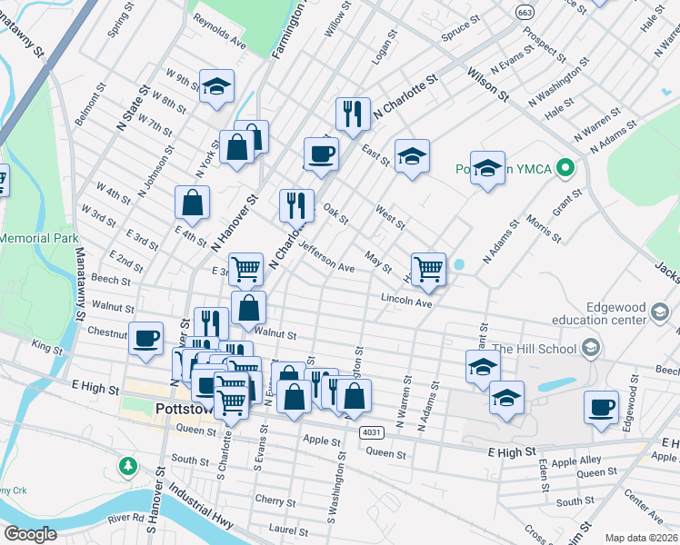 map of restaurants, bars, coffee shops, grocery stores, and more near 372 North Franklin Street in Pottstown
