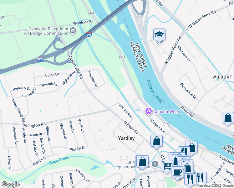 map of restaurants, bars, coffee shops, grocery stores, and more near 10 McKinley Avenue in Yardley