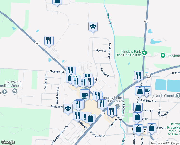 map of restaurants, bars, coffee shops, grocery stores, and more near 150 Reed Way in Sunbury