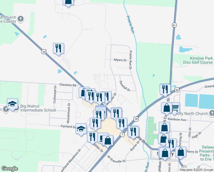 map of restaurants, bars, coffee shops, grocery stores, and more near 334 Frambe Drive in Sunbury