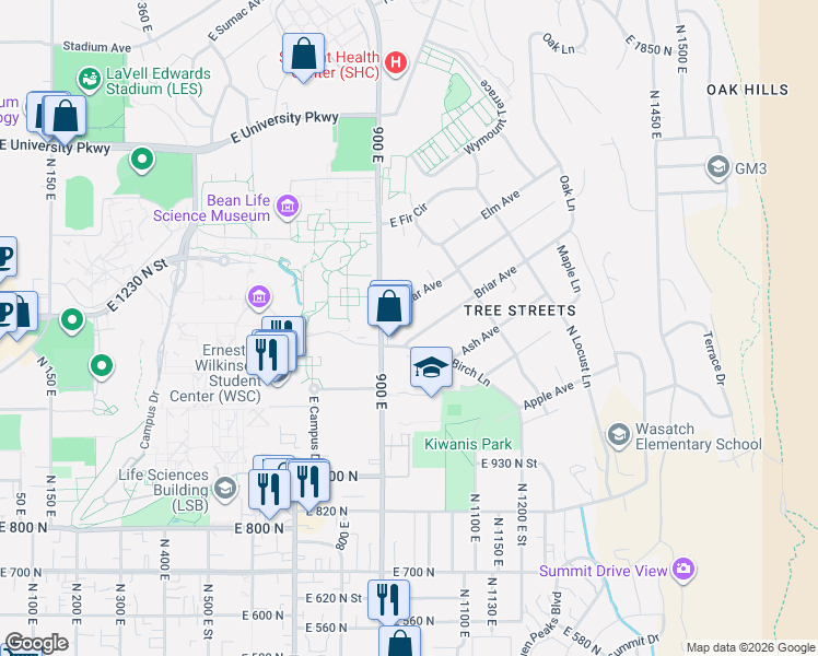 map of restaurants, bars, coffee shops, grocery stores, and more near 950 Cedar Avenue in Provo