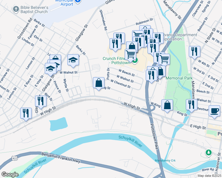 map of restaurants, bars, coffee shops, grocery stores, and more near 352 West Chestnut Street in Pottstown