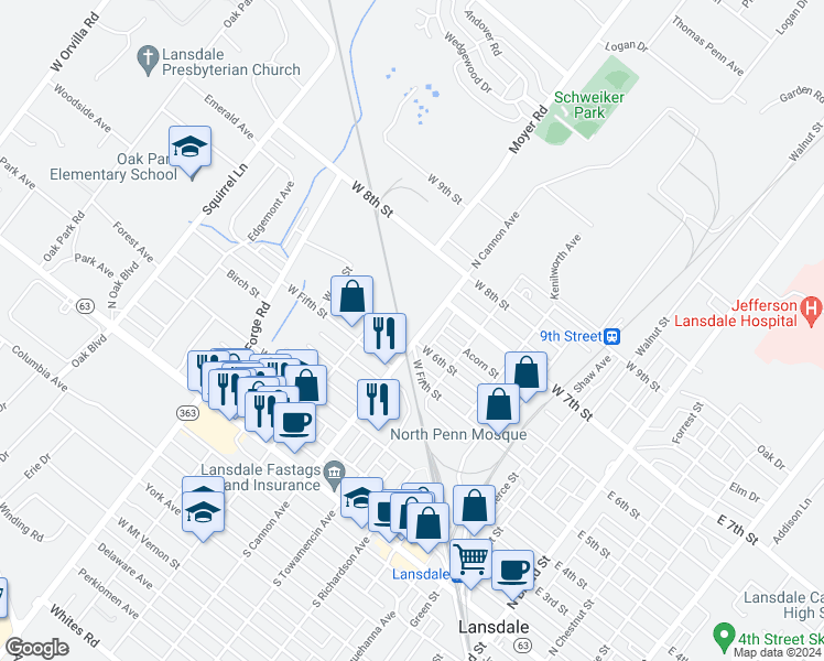 map of restaurants, bars, coffee shops, grocery stores, and more near 610 North Cannon Avenue in Lansdale