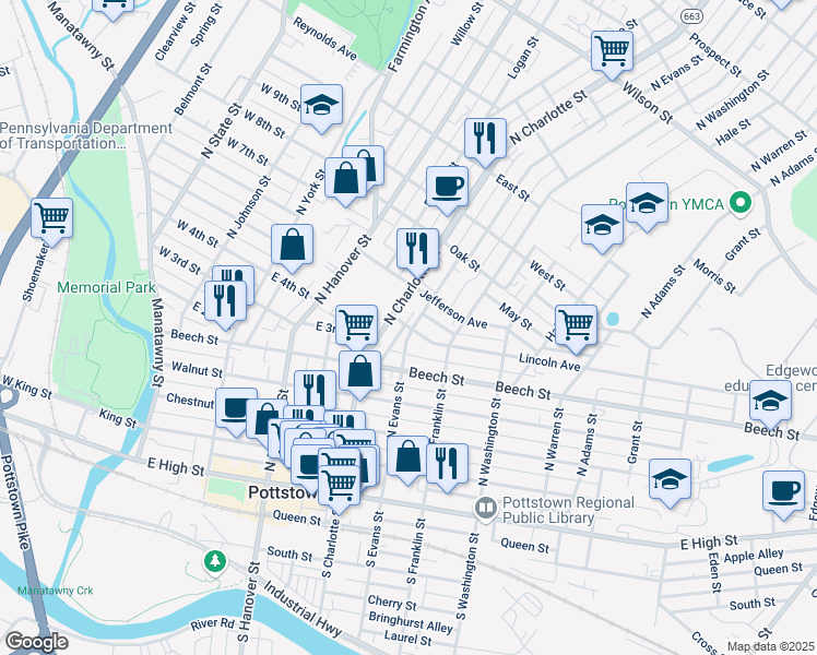 map of restaurants, bars, coffee shops, grocery stores, and more near 319 Lincoln Avenue in Pottstown