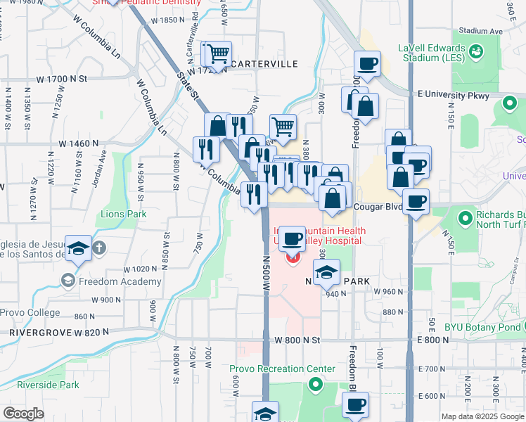 map of restaurants, bars, coffee shops, grocery stores, and more near 484 West 1230 North Street in Provo