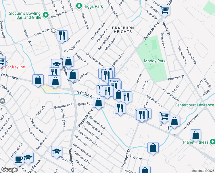 map of restaurants, bars, coffee shops, grocery stores, and more near 1440 Parkside Avenue in Ewing Township