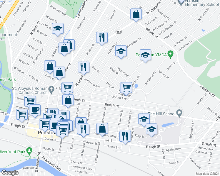 map of restaurants, bars, coffee shops, grocery stores, and more near 500 May Street in Pottstown