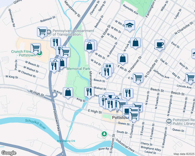 map of restaurants, bars, coffee shops, grocery stores, and more near 25 Beech Street in Pottstown
