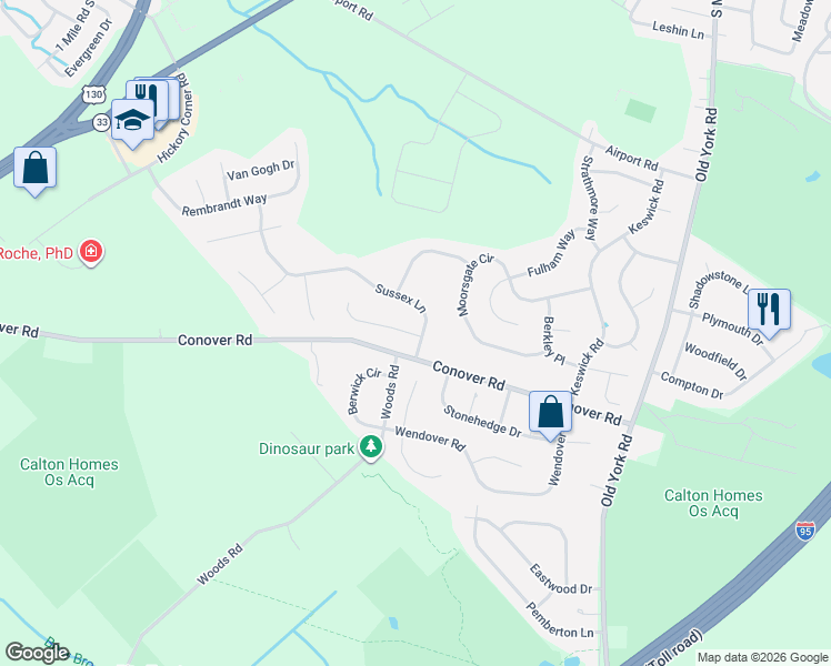map of restaurants, bars, coffee shops, grocery stores, and more near 11 Sussex Lane in East Windsor