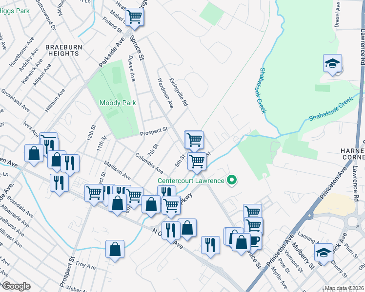 map of restaurants, bars, coffee shops, grocery stores, and more near 2230 Spruce Street in Ewing Township