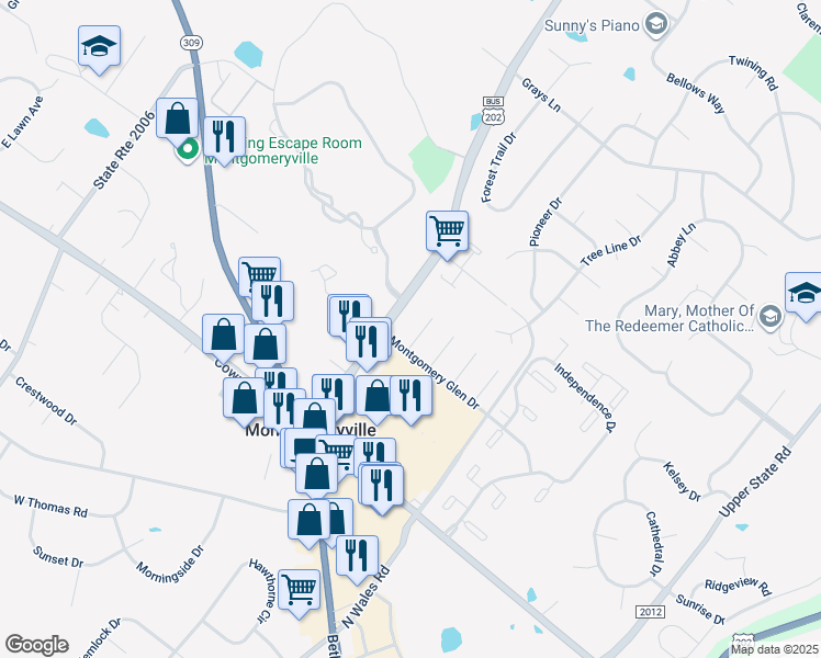 map of restaurants, bars, coffee shops, grocery stores, and more near 107 Ashley Circle in Lansdale