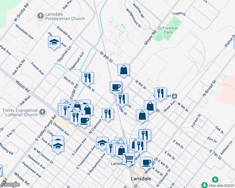 map of restaurants, bars, coffee shops, grocery stores, and more near 612 North Cannon Avenue in Lansdale