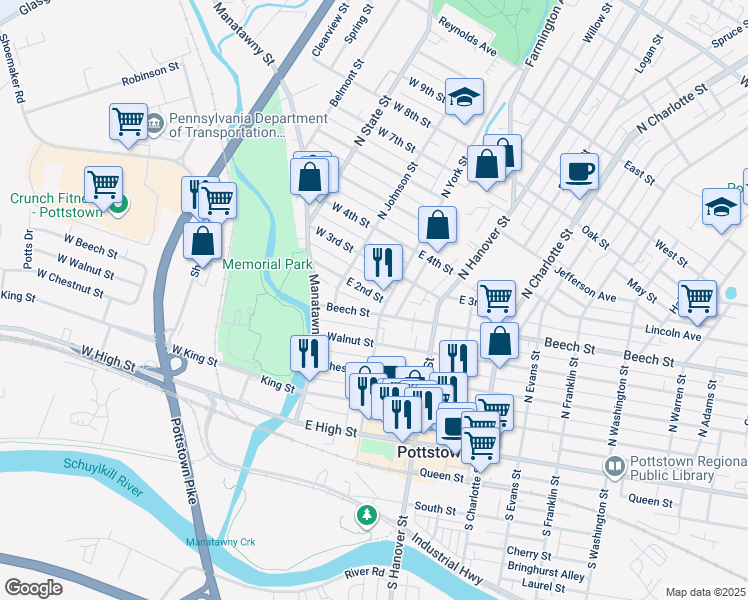 map of restaurants, bars, coffee shops, grocery stores, and more near 23 East 2nd Street in Pottstown
